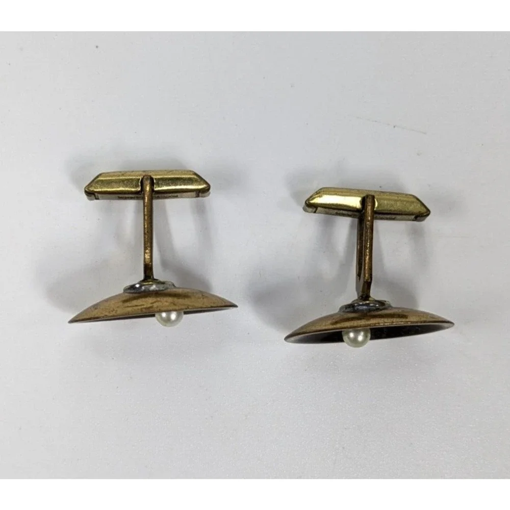 Vintage Brass Mid Century Modern MCM White Faux Pearl Oval Men's Cufflinks